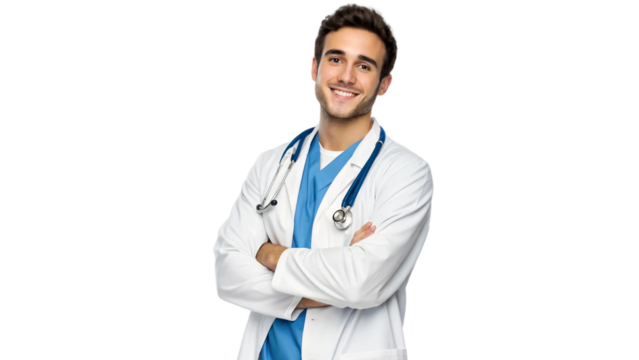 Portrait of a smiling, handsome young male doctor, standing confidently with arms crossed. He is wearing a professional medical uniform with a stethoscope draped naturally around his neck. PNG file
