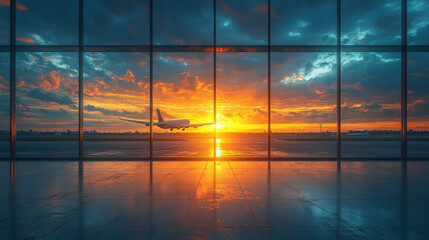 Fototapeta premium stunning sunset view of aircraft taking off behind airport window, creating dramatic atmosphere