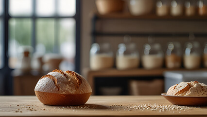 Focus on sourdough bread on counter in blurred kitchen background. Space left.