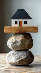 house model balanced on rocks symbolizes instability and uncertainty