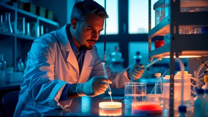 Scientist conducting illuminated experiment with petri dish