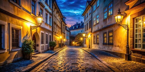 Obraz premium Enchanting Low Light Photography of Old Street in Prague, Capturing Cobblestone Charm and Historic Architecture at Dusk with Soft Glowing Street Lamps and Atmospheric Shadows