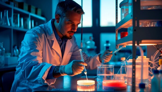 Scientist conducting illuminated experiment with petri dish