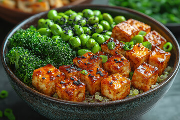 Delicious vegan broccoli quinoa bowl with marinated tofu and edamame