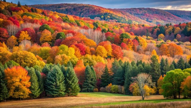 Berkshire Hills autumn: minimalist photography captures vibrant fall foliage in a serene forest scene.