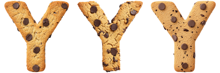 Three chocolate chip cookies shaped like the letter Y. Sweet treat concept.