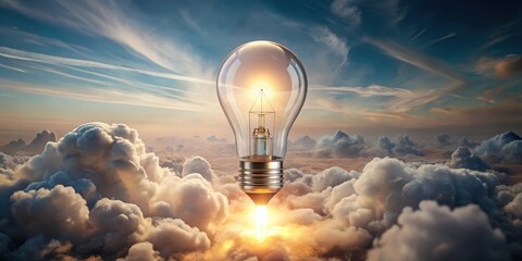 Illuminated Ascent A Glowing Lightbulb Soaring Through a Dreamlike Cloudscape at Sunrise