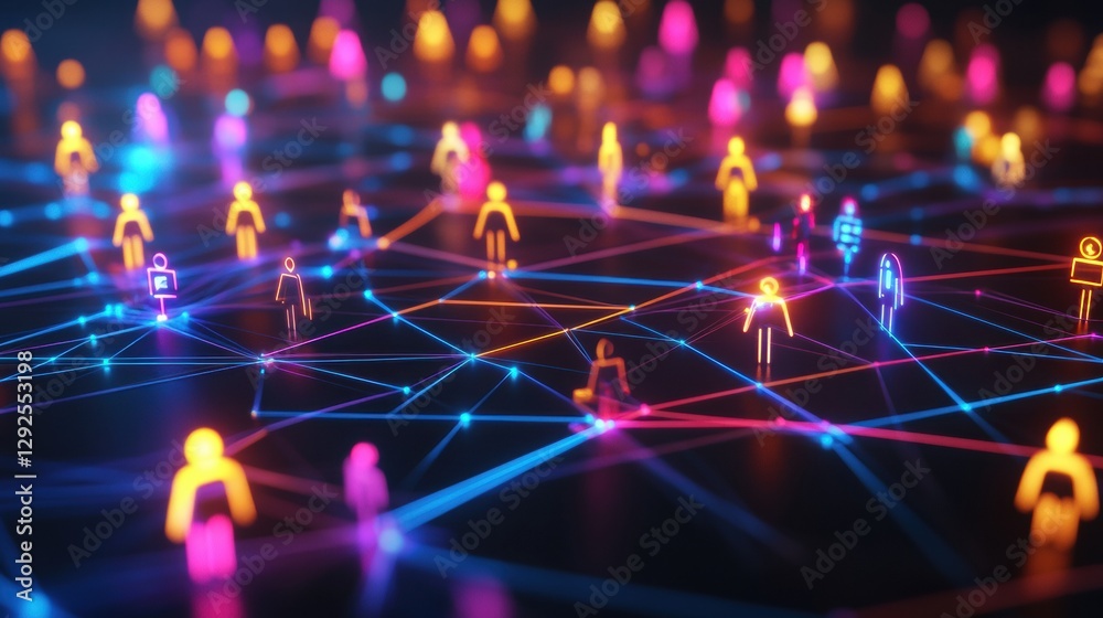 Leinwandbilder futuristic digital network with diverse 3d avatars interconnected by vibrant neon lines. generative 