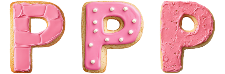 Three cookies shaped like the letter P, decorated with pink frosting. Sweet treat for a party or celebration.