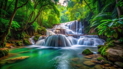 Obraz premium Breathtaking Thailand waterfall timelapse: lush greenery, cascading water, stunning aerial perspective.