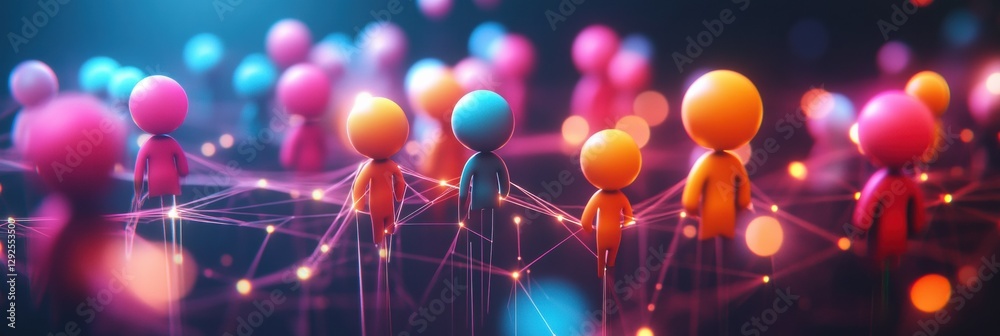 Poster Colorful 3D avatars connected by glowing network lines illustrating digital social media interactions among users. Generative AI