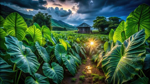 Low Light Taro Plantation Photography: Eerie Night Shots of Colocasia Esculenta Fields