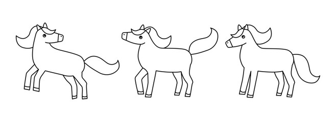 Minimalist line art of a horse in motion. Elegant outline design for logos, tattoos, or branding. Simple yet expressive drawing captures movement and anatomy set