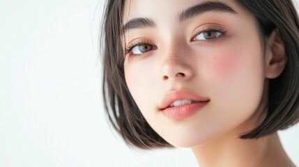 Naklejka premium headshot of Asian woman with short bob cut sleek hair perfect for beauty skincare fashion related content. White background and refined look convey sophistication and modern style.