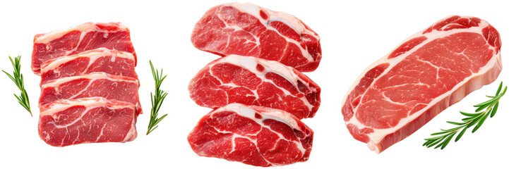 Obraz premium Three cuts of raw beef with rosemary sprigs. Fresh meat for grilling or cooking.