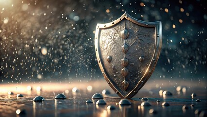 A Resilient Metallic Shield Stands Firm Against a Downpour, Symbolizing Strength and Protection