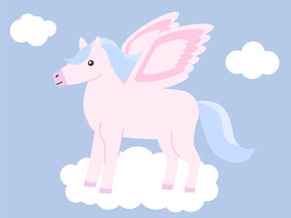 Flat cartoon illustration of a pink pegasus with blue hair standing on a fluffy white cloud in the sky. A whimsical fantasy-themed design for children prints, mythology, or storybook illustrations