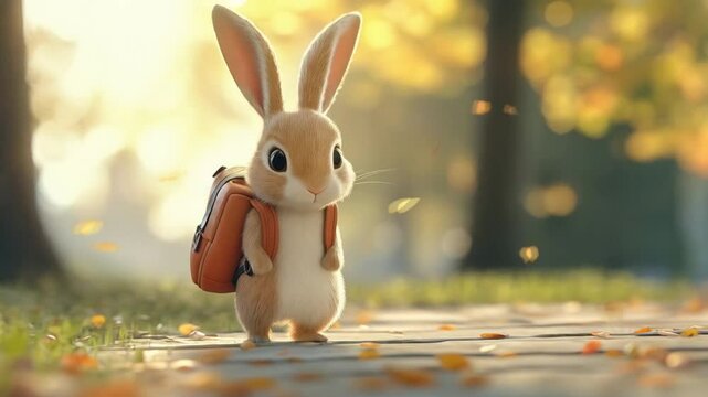 Animated 3d scene of a rabbit going to school, smooth repetitive motion for background video animation