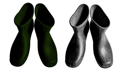 A Gardening Shoes in halftone style illustration with a transparent background. Bold color and a retro, graphic print aesthetic. Ideal for poster and collage design element