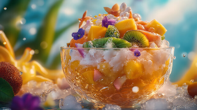 A vibrant shot of Filipino halohalo, with colorful layers of shaved ice, sweet beans, fruits, and leche flan, set against a bright, tropical background with natural lighting