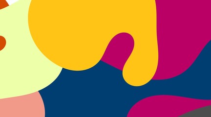 An abstract illustration features organic forms in yellow, blue, and orange. The vibrant and contrasting colors produce a cheerful and eye-catching composition.