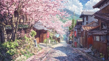 Cherry blossoms bloom over a quaint Japanese village street