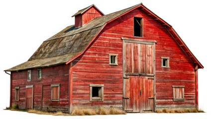 Obraz premium Old Red Rustic Wooden Barn Isolated on White Background - Weathered Wood Barn Cutout PNG for Country Themes, Farm Decor, and Vintage Aesthetics