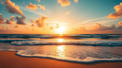 A tropical beach at sunset, with soft waves lapping golden sands, evoking feelings of laughter and joyful moments shared by the