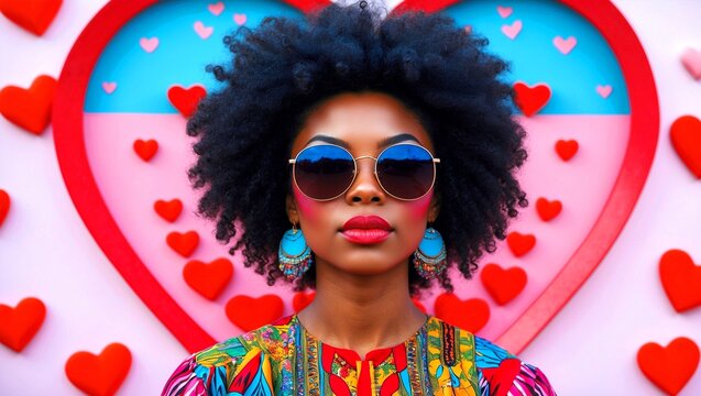Vibrant afrocentric woman radiating love in sunglasses