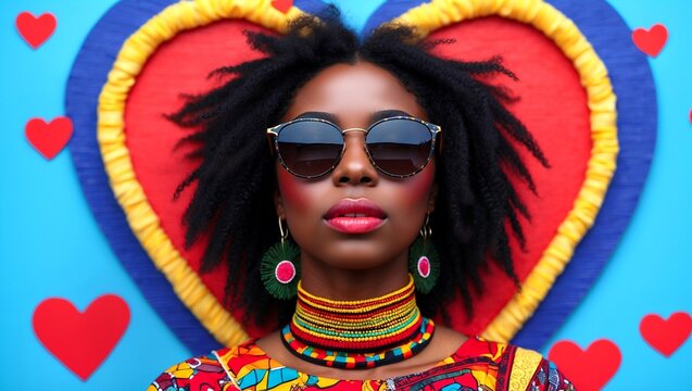 Vibrant afrocentric woman radiating love in sunglasses