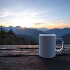 Obraz premium White Blank Mug Resting on Wooden Table with Tranquil Mountain Sunrise Morning View