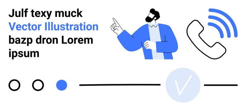 Businessman pointing, blue jacket. Phone icon with call signal waves, circular checkmark, minimal design elements. Ideal for business, presentations, communication, support professionalism