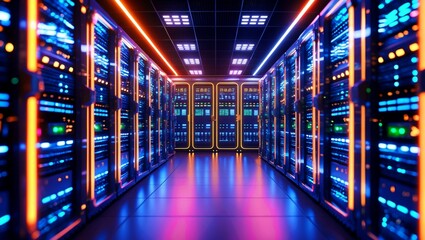 Vibrant digital data center showcasing advanced server technology