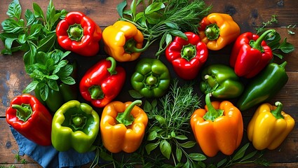 Vibrant fresh bell peppers and herbs on table