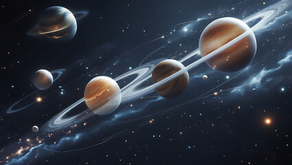 A mesmerizing 4D visual representation of celestial bodies in motion, set against a mysterious, dark black space galaxy background, created by generative ai