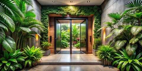 Naklejka premium Panoramic Modern Entrance Design: Lush Tropical Plants Frame Elegant Doors - Architectural Photography