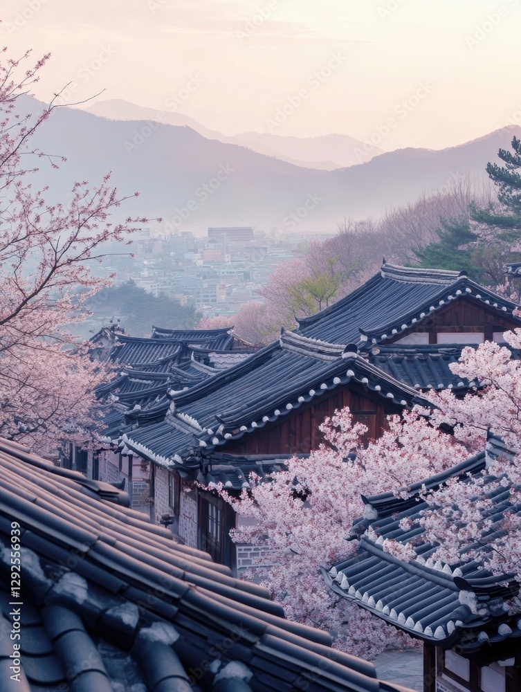 Poster serenity of cherry blossoms in traditional architecture against a pastel sky at dawn. generative ai