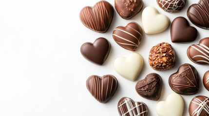 Chocolate bars and candies isolated on white background. Vector cartoon illustration of bitter dark, sweet milk and white cacao dessert, heart shape sweet in paper wrapping, confectionery banner