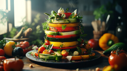 Ratatouille is depicted with vibrant, glowing vegetables arranged in a beautiful pattern in an ultramodern, supernatural scene banner with copy space