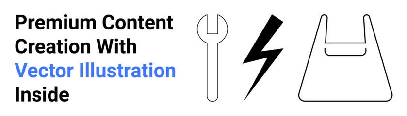 Wrench, lightning bolt, and shopping bag icons represent tools, energy, and commerce. Ideal for marketing, e-commerce, energy, creativity tools innovation modern design concepts flat landing page