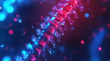 Illuminated spinal structure showcasing intricate bone detail with a vibrant blue and pink color scheme for educational and medical imagery