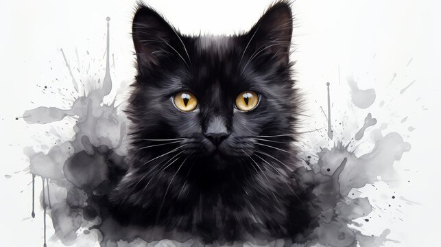 Artistic Black Cat Portrait with Watercolor Splashes in August