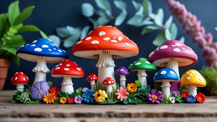 Obraz premium Vibrant mushroom figurines for creative craft projects