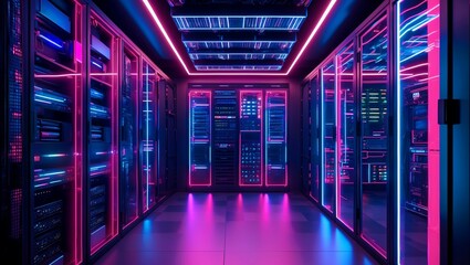 Vibrant neon server room with high-tech infrastructure
