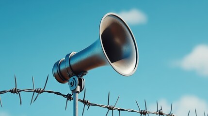 Loudspeaker positioned over barbed wire against a clear blue sky, symbolizing restriction of speech