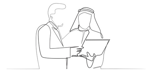 continuous line business people collaborating with arab business people.single line drawing portrait of business people discussing with arab business people.single line drawing vector illustration.