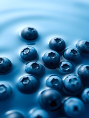  Blueberries Floating in Water with Light and Dark Blue Tones