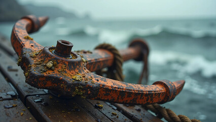 Heavily Rusted Anchor on Weathered Wooden Dock with Aged Rope, Dramatic Maritime Scene with Corroded Metal, Barnacles, and Seaweed, Set Against a Misty Seascape with Crashing Waves and Moody Lighting