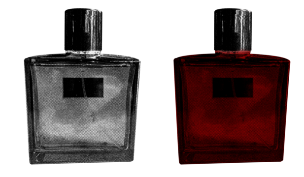 Glass Perfume bottle in halftone style illustration with a transparent background. Bold color and a retro, graphic print aesthetic. Ideal for poster and collage design element