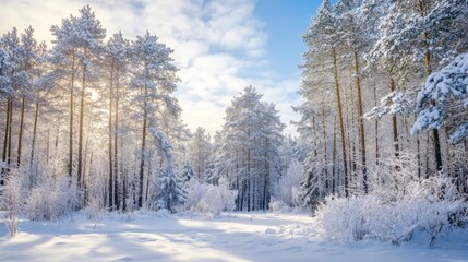 Winter forest sunlit snowscape